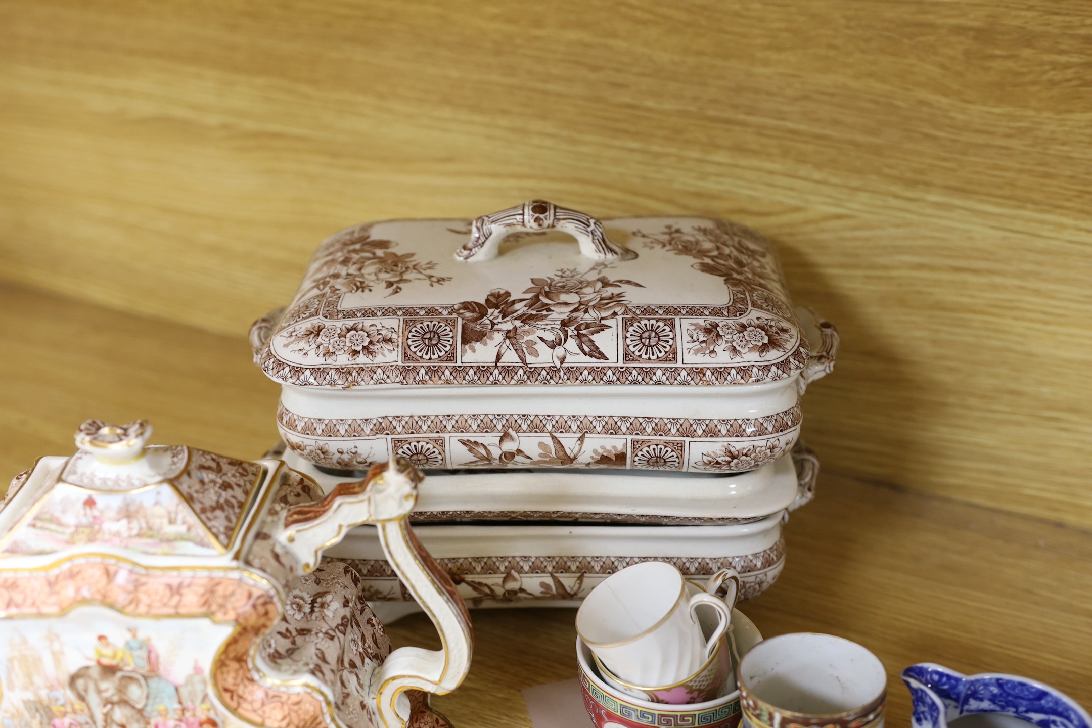 A group of Chinese porcelain, an enamel brush and two Victorian tureens and covers, a teapot etc